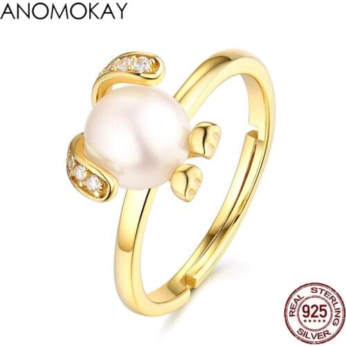 Anomokay New Shinny White CZ Pearl Sheep Model Gold Color Rings for Women Girl Birthday Gift 925 Sterling Silver Resizable Ring