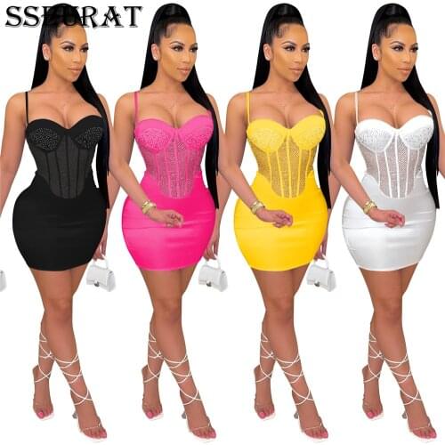 SSEURAT Women Mini Dress Mesh Strap Diamonds Strechy Dresses Sexy Night Club Party Vestidos Summer Outfit 2021