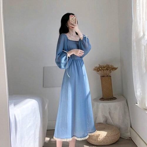 Luck A Vintage French Long Dress Women Solid Blue Square Collar A-Line Dresses Long Sleeve Maxi Dress Lady Robe Vestidos Clothes