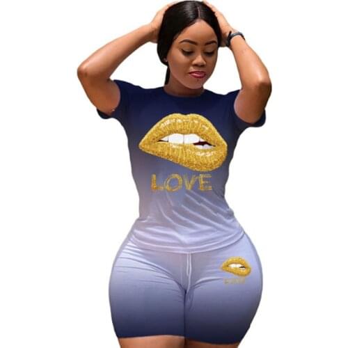 2021 Women 2 Piece Set Summer Clothes Gradient Mouth Lip Letter Print TShirts Biker Shorts Casual Plus Size Two Piece Outfits