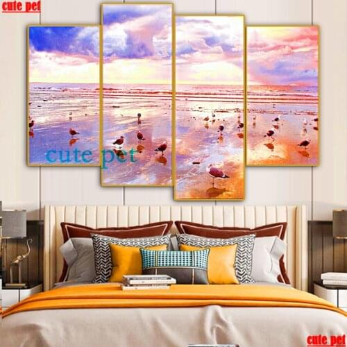 Diamond Painting Sunset beach bird dress woman Living room fresco diamond embroidery round square drill cross stitch decor 4PCS