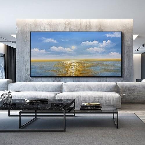 Abstract Landscape Oil Painting Posters and Handmade Wall Art Canvas Painting Sunset and Sea Pictures for Living Room No Frame