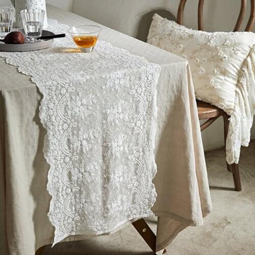 White lace cotton tablecloth romantic mesh embroidery rectangular table flag belt wedding party table decoration