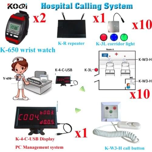Wireless Nurse Calling Bell System 1 Set With 1 Receiver + 2 Wrist Watch+10 Call Buzzer+10 Light + 1 Repeater Free DHL Shipping