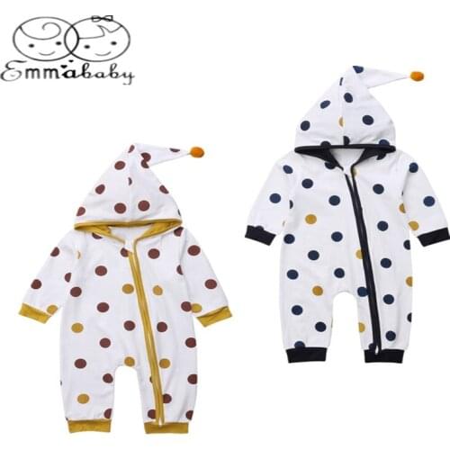 Emmababy 2019 Autumn Newborn Baby Boys Girls Dot Hooded Romper Zipper Outfit Clothes 0-6M