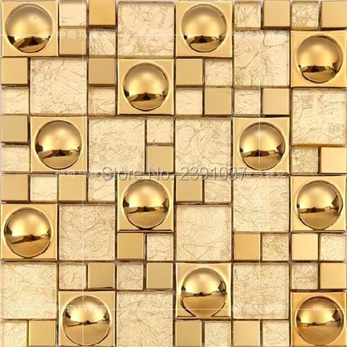 European Luxury Gold Stainless steel Mosaic 30x30cm Metal Crystal Glass 3D Mosaic Tile Wall tile kitchen backsplash wall tile