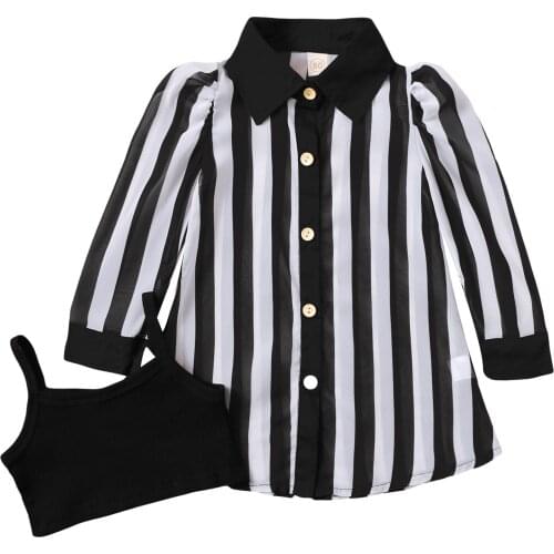 FOCUSNORM 2pcs Autumn Fashion Kids Girls Dress+Vest Long Sleeve Stripe Single Breasted Lapel Shirt Dress Outfits 1-5Y