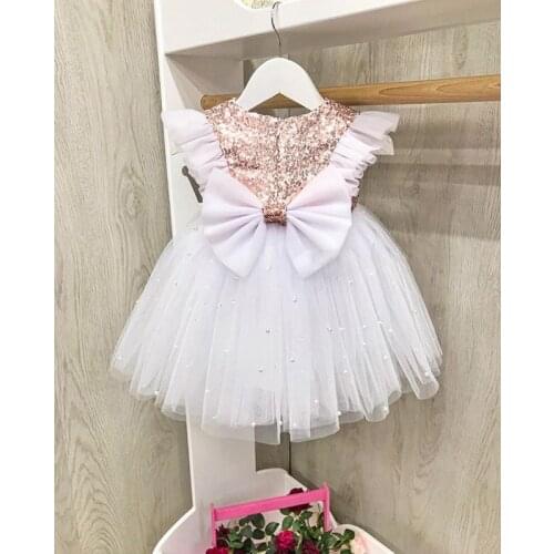 FOCUSNORM 2021 Princess Infant Kids Girls Party Dress Sequined Solid Patchwork Lace Fly Sleeve Back Bow Knee Length Tutu Dress