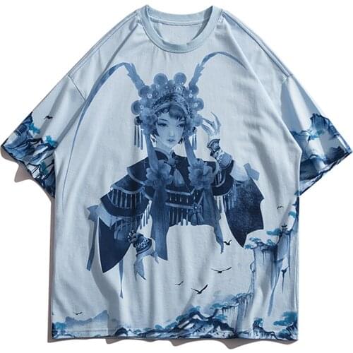 Men Hip Hop Streetwear T-Shirt Cantonese Opera Painting Print T Shirt Harajuku Cotton Casual Short Sleeve Chinese Style