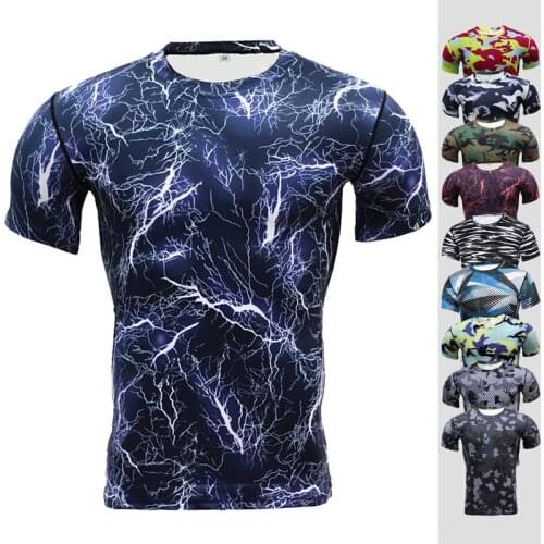 Camouflage Quick Dry Running T-shirt Men Summer Fitness Tight Short Sleeve Compression Stretch Sport Shirt Men Gym Shirts 3XL