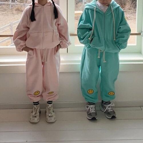 Family Matching Clothes Suits 2021 Kids Autumn Clothing New Mother Babys Korean Fashion Smiley Zipper Hoodies Pants 2pcs Sets