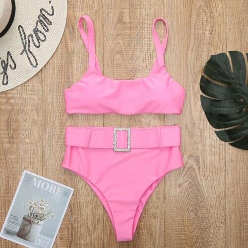 Pink High waist Bikinis Mujer High cut bathing suit Buckle belt swimwear women Sexy Summer bathers swimsuit female biquini