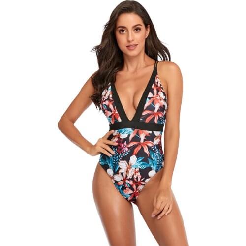 FNOCE 2021 new womens swimsuits fashion trends sexy elegant print v-neck high waist one piece slim jumpsuits swimwear beachwear