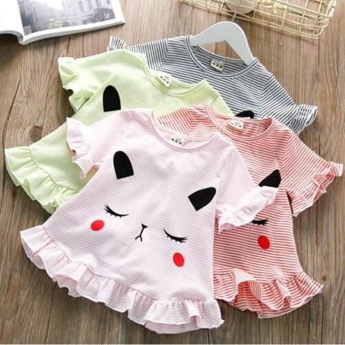 Baby girl summer cute cotton printed t-shirt kids casual ruffles striped top tees