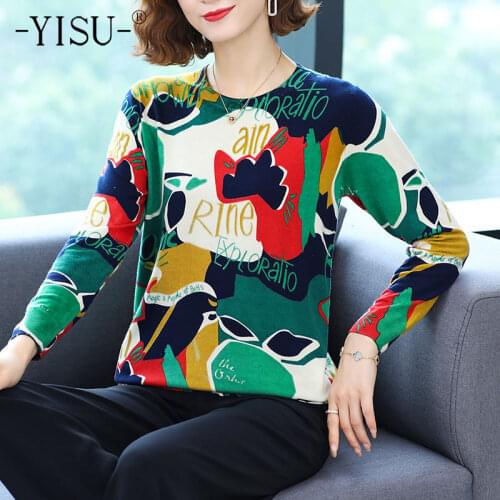 YISU Fashion Women clothing Autumn Wool Sweater Jumper O-Neck Printing tops Long sleeves Female Casual Knitted pullover 2021