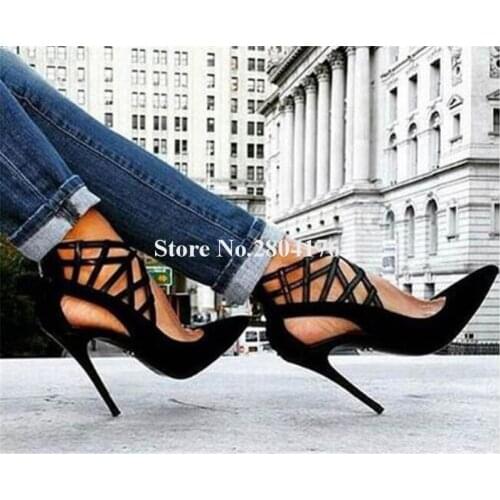 Fashion Design Women Pointed Toe Suede Leather Thin Heel Pumps Ankle Wrap Back Zipper-up High Heels Formal Dress Shoes