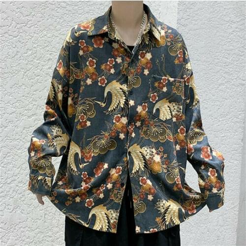 Mens Corduroy Shirt Long Sleeve Tops Lapel Jacket Floral Printed