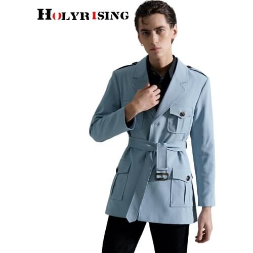 Men blazer tailored collar trench fitness jaqueta masculina pockets short techwear with belt leisure terno masculino 19700