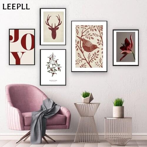 Red Wine Style Wall Art Canvas, Christmas Joy Print Poster, Bird, Wood, Flower, Decorative Painting, Picture, Modern Home Decor