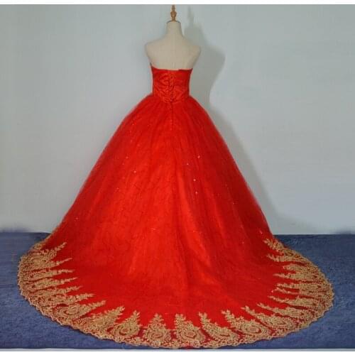 2021 New Ball Gown Lace Tulle Red Wedding Dress with tail Chinese Pattern Style Cheap China Embroidery Bridal