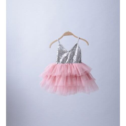 2016 new design baby girl boutique clothing gold silver sequin tulle patchwork strapped Princess dress
