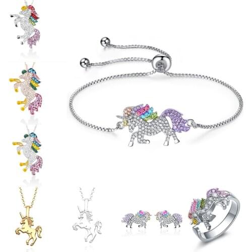 Cute Unicorn Necklace Fashion Cartoon Horse Jewelry Accessories For Girls Children Kids Women Party Animal Pendant Bracelet Set