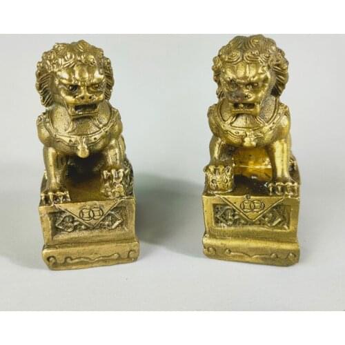 A Pair of Elaborate Collection Home Decoration Chinese Brass Folk Feng Shui Mighty Guardion Door Lion Statues Sculptures