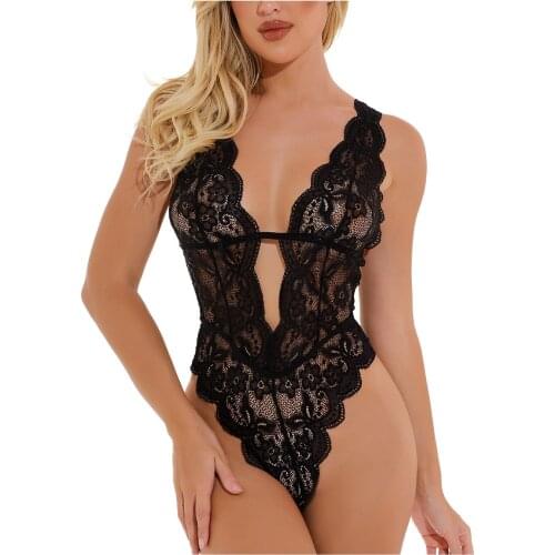 Sexy Lingerie Women Lace One-piece Lingerie Babydoll Deep V Teddy Bodysuit Lenceria Sensual Mujer Lace Underwear Erotic Costumes
