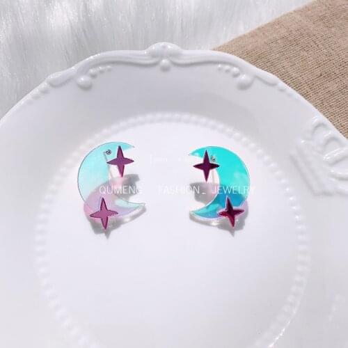 Creative Design Simple Cute Shiny Changeable Colorful Transparent Moon Star Acrylic Stud Earrings Rainbow Jewelry