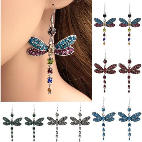 1 Pair Womens Dragonfly Crystal Rhinestone Earrings Silver Plated Hook Female Gorgeous Colors Special Vintage Design Earrings