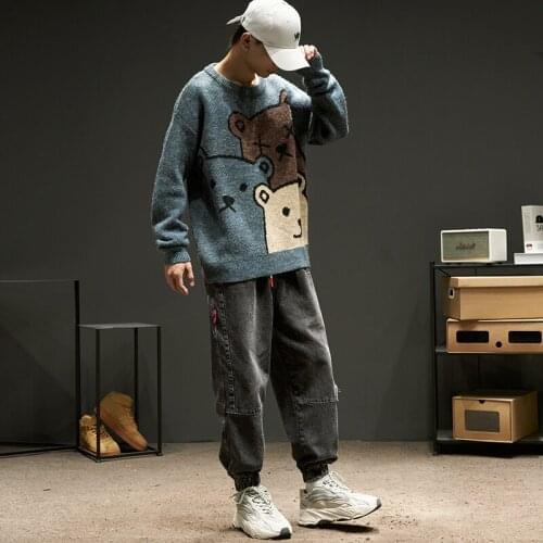 Cartoon Bear Sweater Men Winter Men Clothing Fashion Long Sleeve Knitted Pullover Sweater Oversized 2021 New Cotton Coat