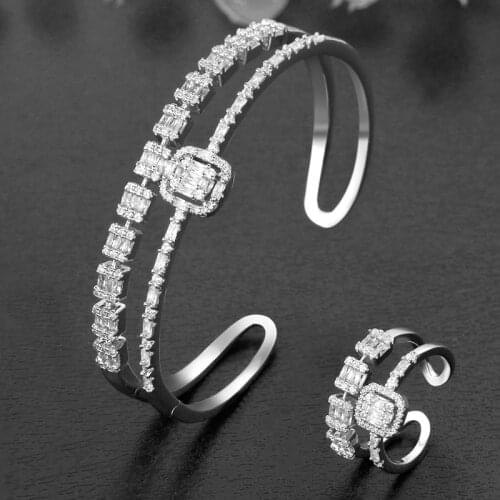 TIRIM Luxury Fashion Micro Paved Baguette Cubic Zircon Crystal Adjustable Bangle Ring Sets For Women Wedding Party Dubai Jewelry