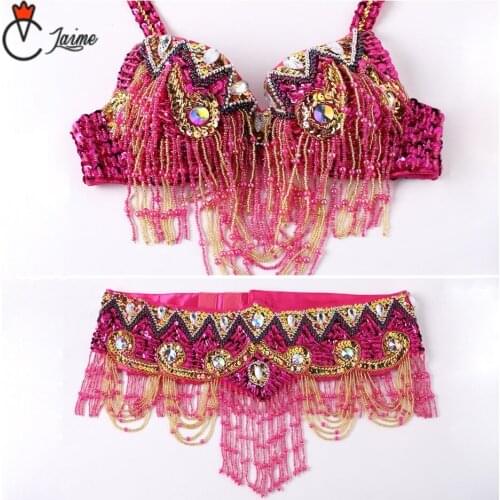 Oriental Women Belly Dance Clothes Eastern Style Beaded Round neck bra Belt Set Beaded Costumes for Belly Dancers