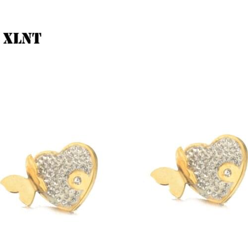 XLNT Fine jewelry wholesale heart Gold stud earring female fashion accessories crystal Butterfly stud earring bridal jewelry