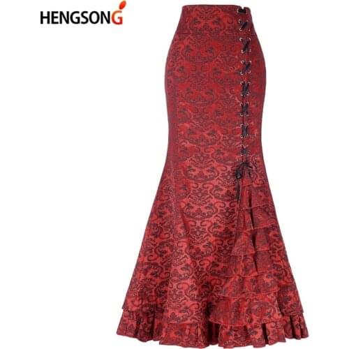 High Waist Lace Up Mermaid Skirt Slim Floral Print Long Bodycon Skirt Women Vintage Fishtail Skirt Autumn Ruffle Bandage Saia