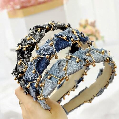 New Denim Tie Dye Chain Women Hair Accessories Hoop Handmade Weave Denim Fashion Patchwork Headbands Cross Hairband Head Wear