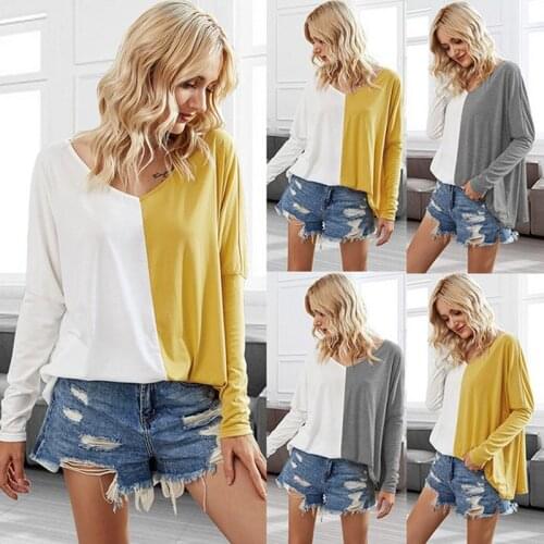 2021 Autumn Womens New Solid Color V-neck Urban Casual Long Sleeve Clothes Loose And Comfortable Patchwork Printed Tops T-shirt