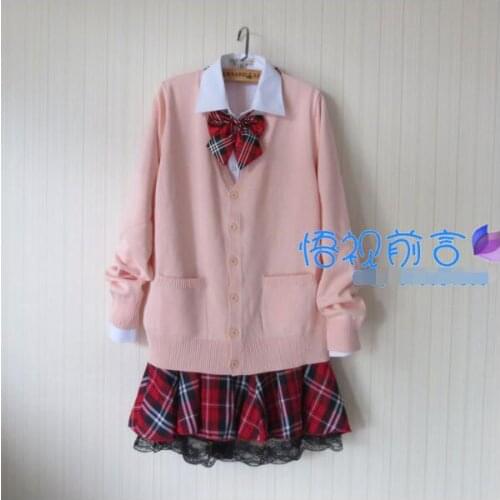 Hot Sweet Women Lolita Japanese School Uniform Pink Sweater Cardigan Latticed JK Uniform Skirt Outwear Suit XXXL