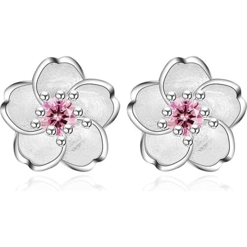 100% 925 sterling silver fashion Cherry blossoms flower crystal ladies`cute stud earrings women jewelry birthday gift cheap