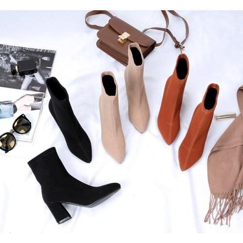 Ins Stylish Sexy sock boots Black Nude Square heel women shoes Fashion stretch fabric ankle boots for women chaussures femme 43