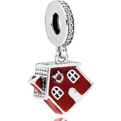 Original 925 Sterling Silver Charm Red Enamel Christmas Home Pendant Fit Pandora Women Bracelet & Necklace Diy Jewelry