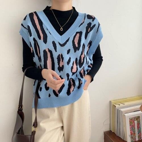 Spring Autumn Young Style Sleeveless Leopard V-Neck Sweater Vest Women Casual Regular Loose-fitting Slit Vintage Office Lady