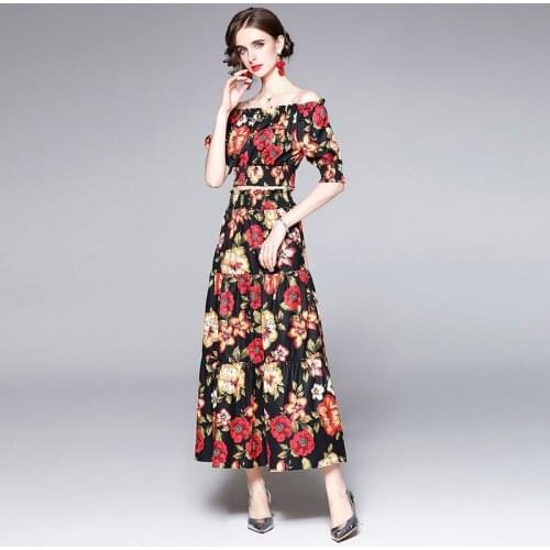 Vintage Flower Two Piece Dress Suits Womens Crop Tops And Skirt 2pcs Set Sexy Slash Neck Blouse + Mermaid Maxi Long Skirts Sets