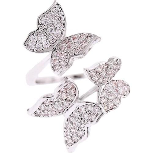 FXLRY Top Quality white color micro-inlaid Cubic Zircon Cute Butterfly Ring Open Rings For Women Jewelry Gifts