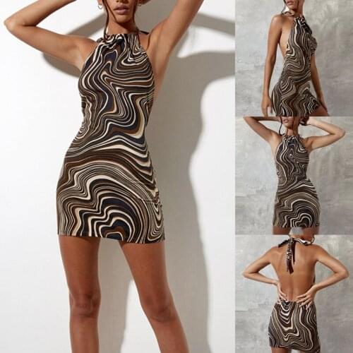 Womens New Sexy Printed Backless Lace-Up Dress Variegated