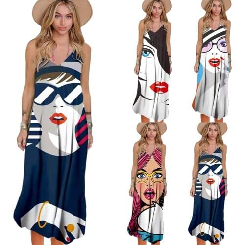 Womens Cartoon Face Print Sexy Off Shoulder Backless V-neck Suspender Dress 2021 Summer New Casual Loose Sling Dress