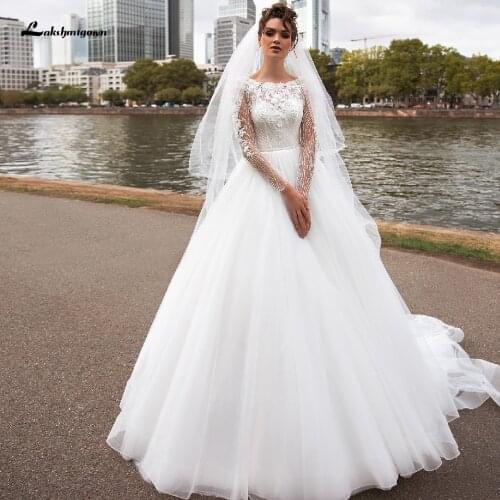 Hochzeit Long Sleeve Wedding Dress A Line Style 2020 Robe Flower Lace Beaded Tulle Wedding Gown Elegant Long Bridal Dresses