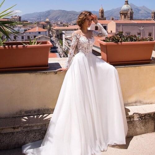 2021 Illusion Scoop Boho Wedding Dresses Chic Lace Bohemian Casual Chiffon Long Sleeve Bride Dress Romantic Beach Bridal Gown