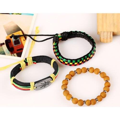 3Pcs Jamaica Leather Weed Hemp Cord Woven Braided Bracelets Rasta Reggae Jeweley