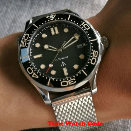 NH35/Miyota8215 Sapphire Mens Automatic Watch Date Window Black Dial Yellow Makers Lume Face Mesh Band Ceramic Bezel 41mm